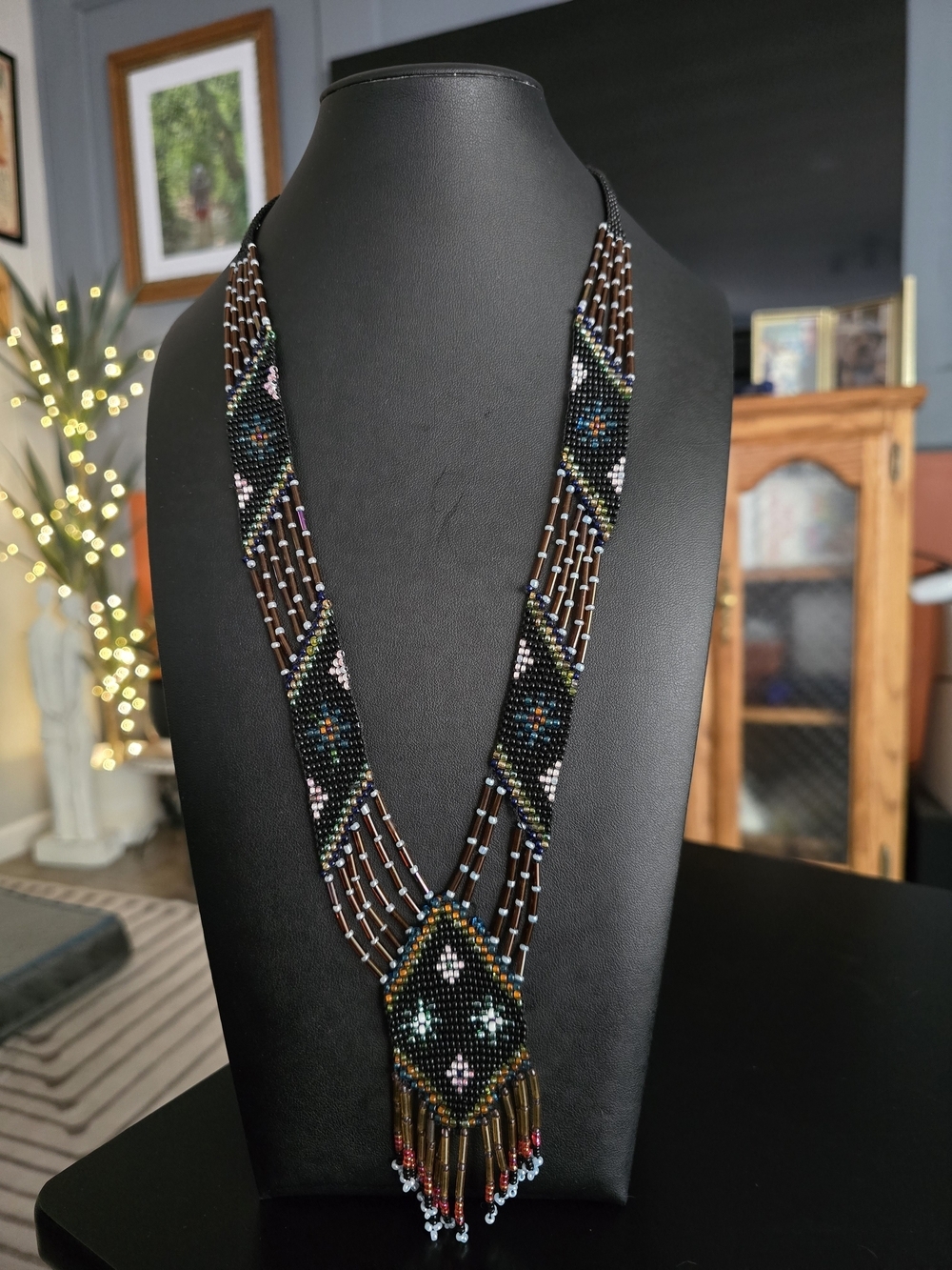 Handcrafted Beaded Fringe Necklace - Black and Brown